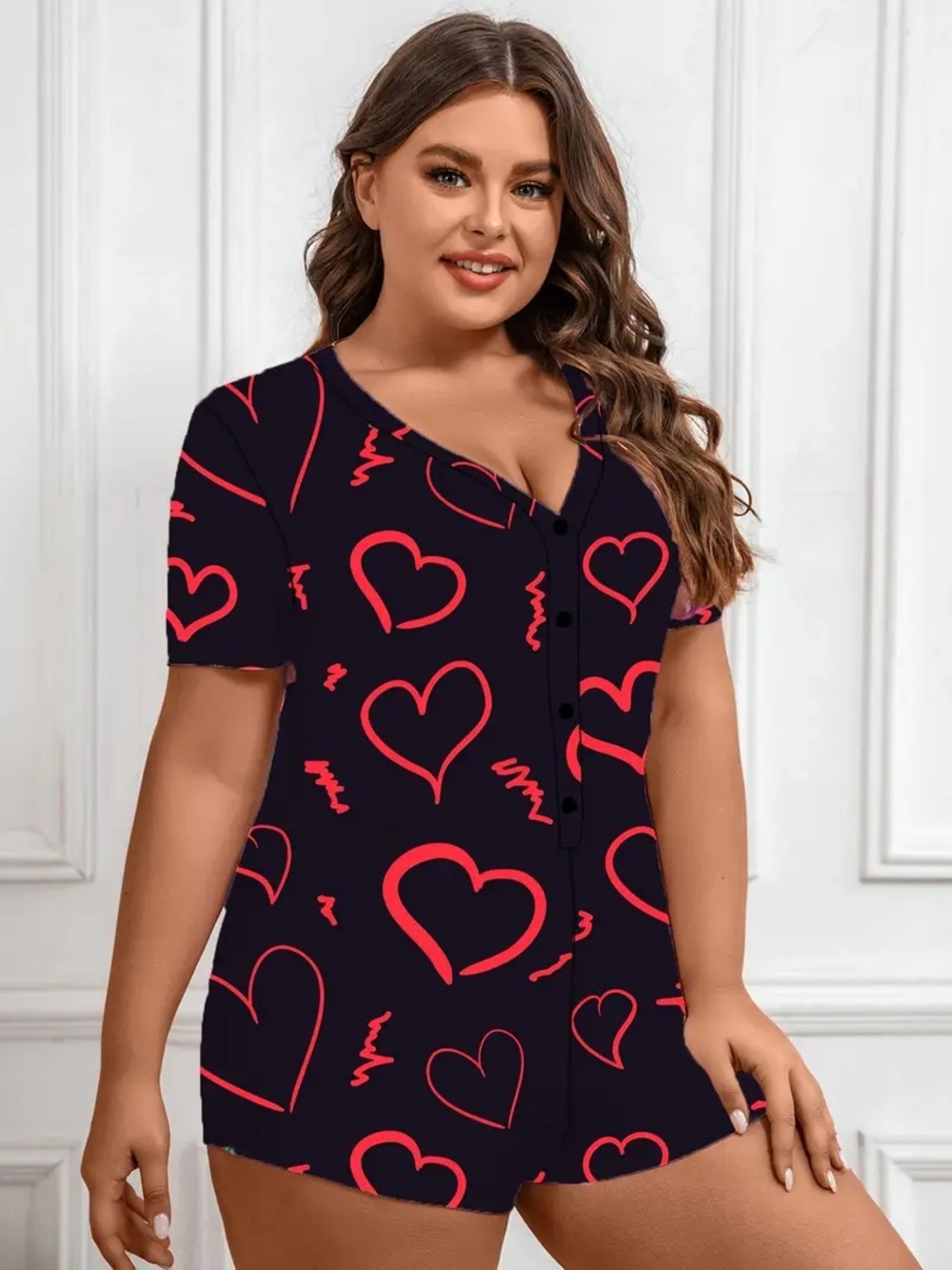 Short Sleeve Heart-Print Romper